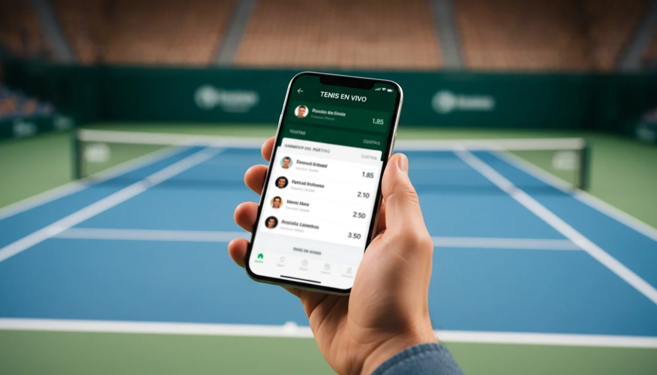 Persona analizando cuotas de tenis en un teléfono móvil con una pista de tenis de fondo