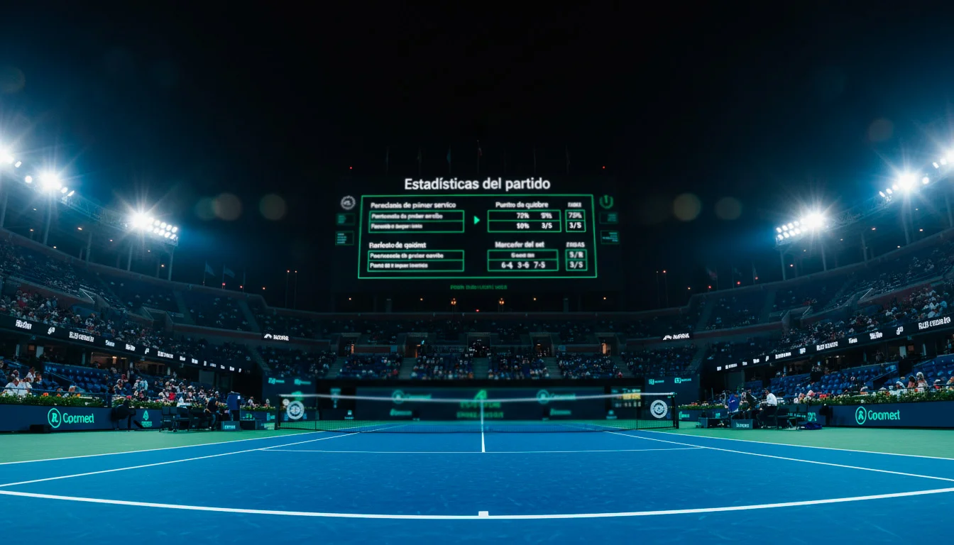 Pantalla de estadísticas en tiempo real junto a una pista de tenis durante un partido nocturno del Open de Australia