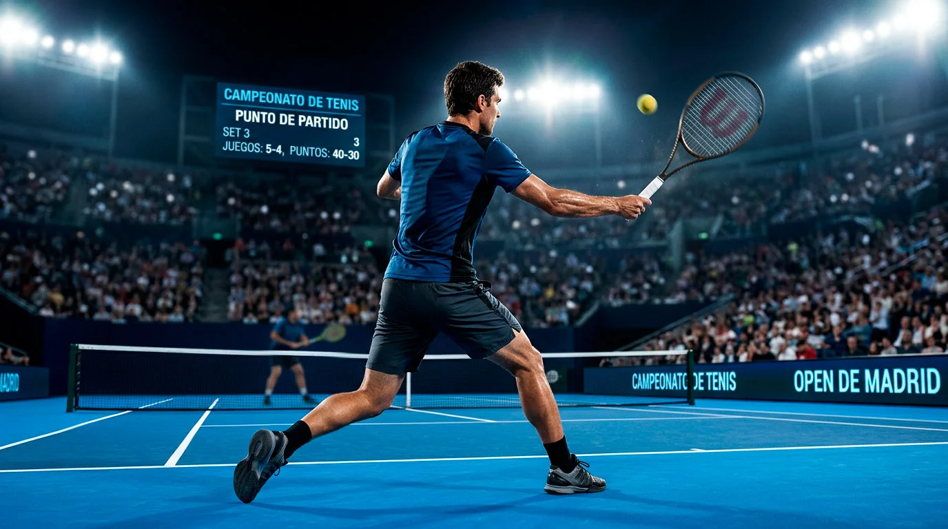 Tenista profesional golpeando un revés a dos manos sobre pista dura azul durante un partido de Grand Slam